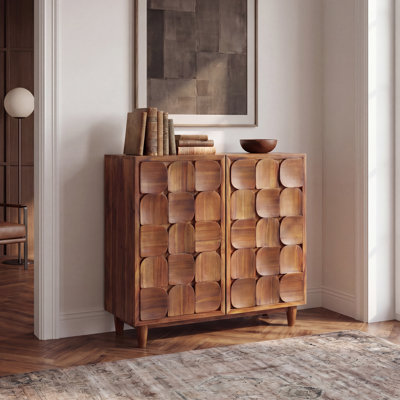 Mid-Century 2-Door Geometric Acacia Wood Accent Cabinet with Adjustable Shelves