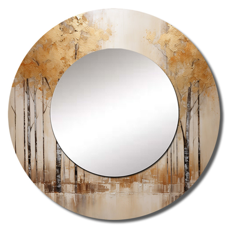 Robbi minimalisme beige et doré forêt - grand miroir forêt, miroir mural décoratif rond traditionnel, impression d'art en métal