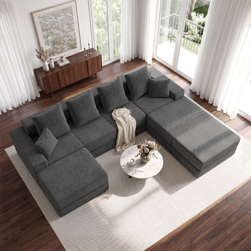 Canapé-lit modulaire surdimensionné en forme de L de 128 po avec repose-pieds, Gris