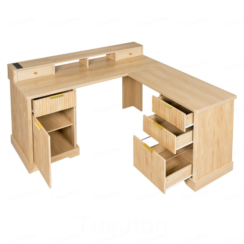 Bureau en L 59 po cannelé avec station de charge et armoire de rangement 59 po Modern