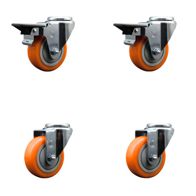 3.5 Inch Orange Poly Wheel Swivel Bolt Hole Caster Set with 2 Posi Lock Brakes SCC