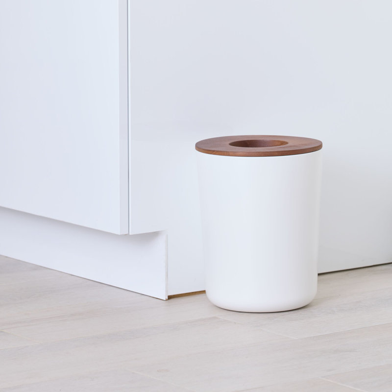 iDesign Eco Vanity Steel Waste Basket with Paulownia Wood Lid, Coconut