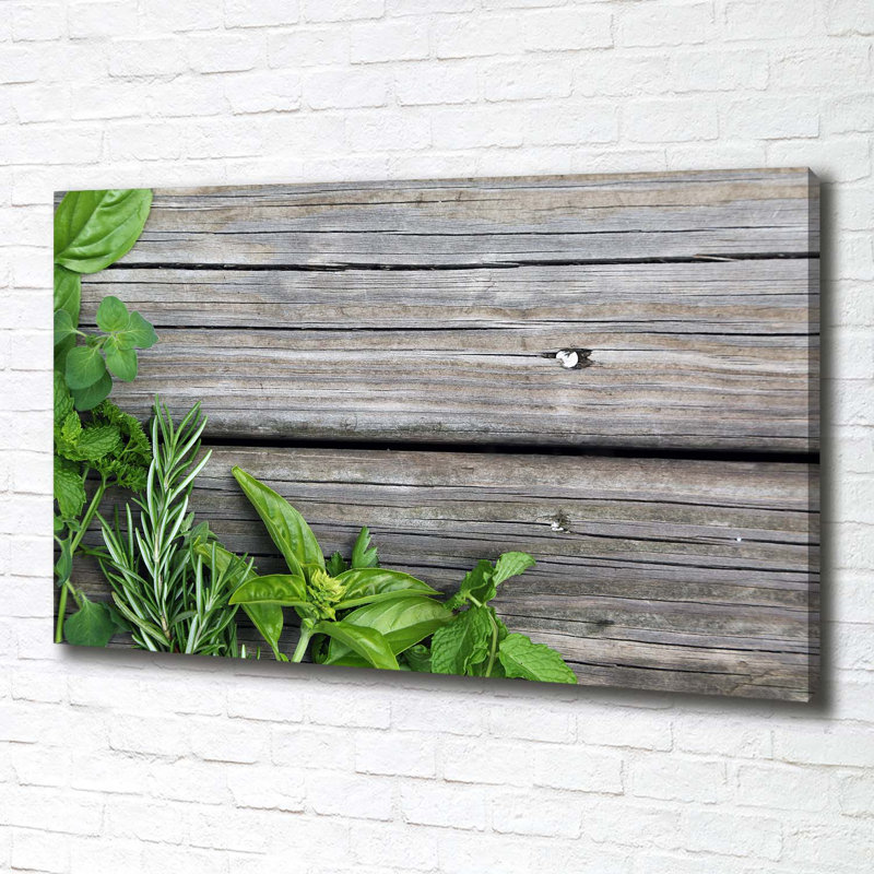 Wooden Background Herbs - Wrapped Canvas Print