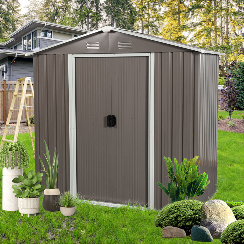 Galvanized Steel Outdoor Shed With Sliding Doors And Hooks, 8Ft X 4Ft, Gray Iron Enduring Panels,, Gray