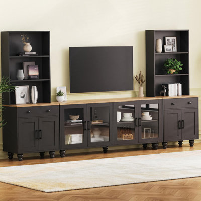 Meuble audio-vidéo moderne pour téléviseur de 70 po ou moins avec tablettes et portes en verre trempé