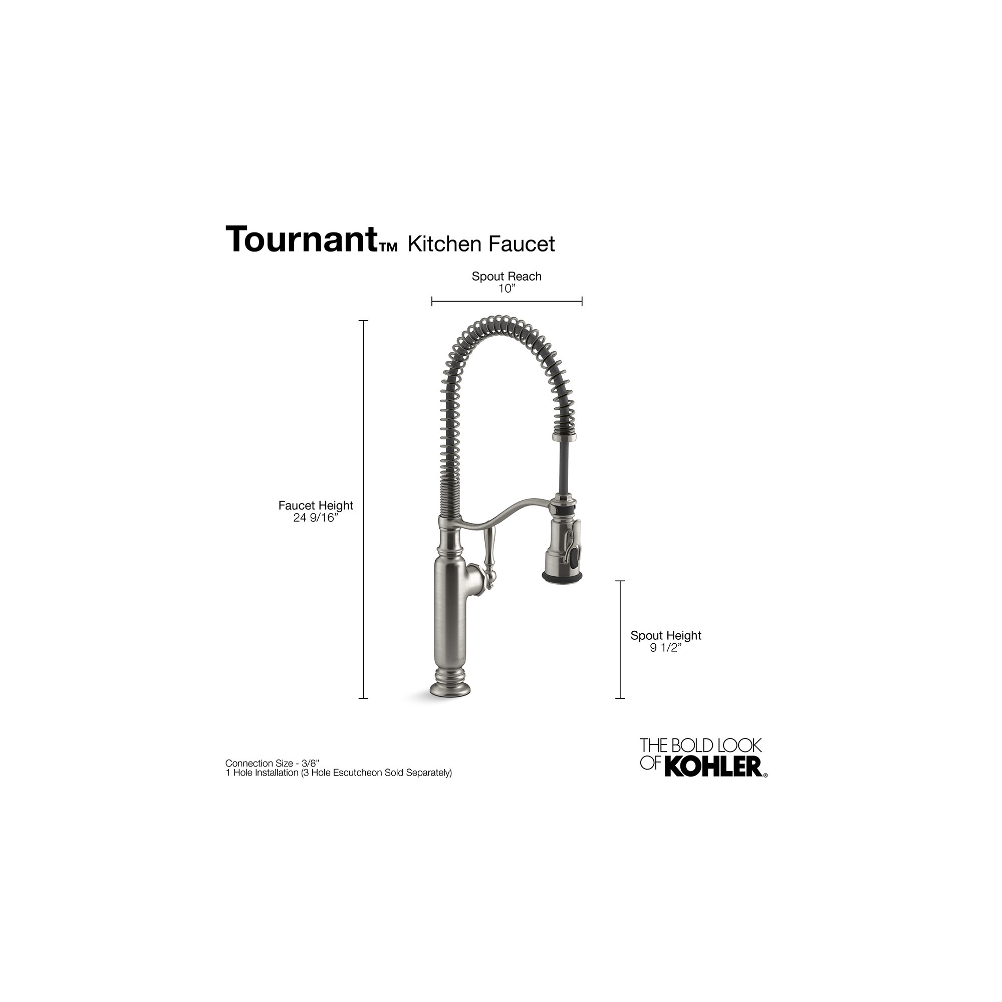 Kohler Tournant Single Handle Semi-Professional Pre-Rinse Kitchen Faucet with Three-Function Pull Down Sprayer