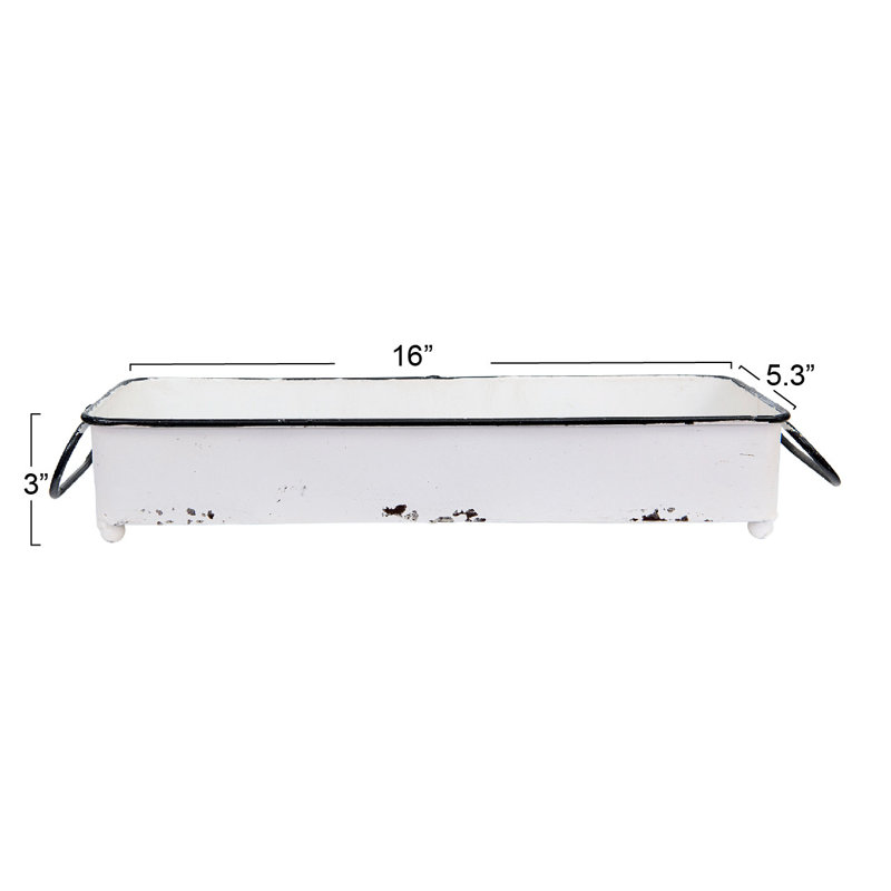 Decorative Metal Tray with 2 Handles and Distressed Enamel and, White
