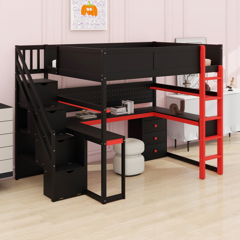 Lit mezzanine en bois multifonctionnel avec configuration de jeu, marches de rangement, bureau et panneau perforé d'organisation