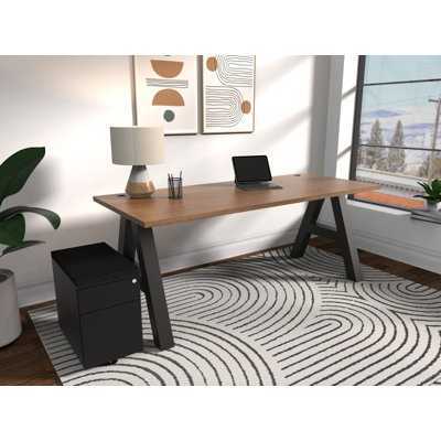 Serenity Modern A-Frame Executive Writing Office Desk, with Cushion Top Mobile Storage, 66x30, Walnut Strand Top