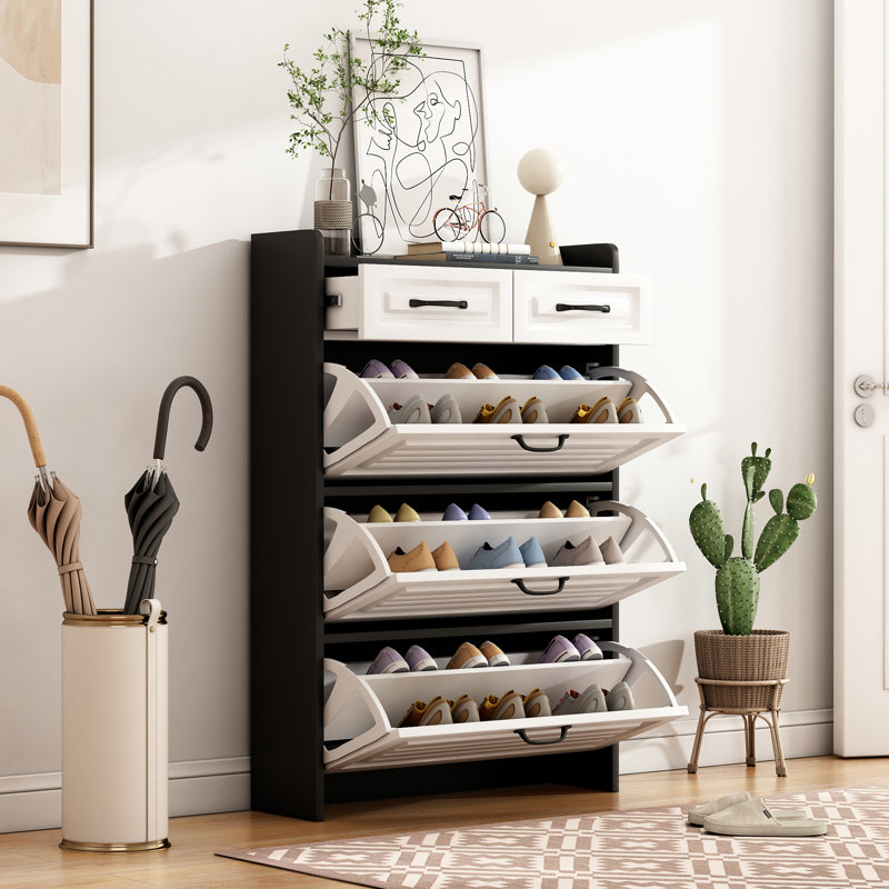 24 Pair Flip Down Shoe Storage, Black/White