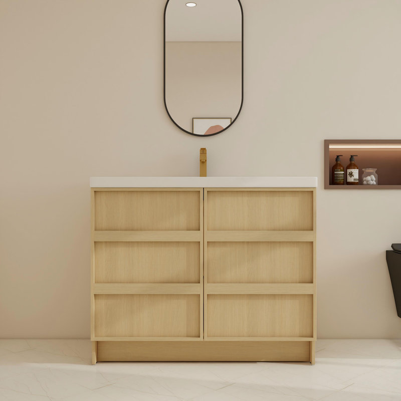 42" Single Free-Standing Bathroom Vanity Set With Resin Sink , Floorstanding Vanity With 2 Soft Close Doors And 1 Shelf, 42"