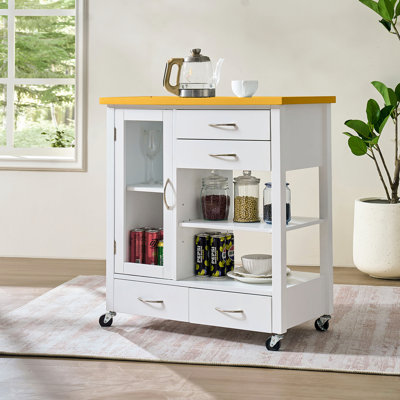 Îlot de cuisine avec plateau en bois de noyer, armoire de rangement sur roulettes avec tiroirs, buffet avec barre à serviettes