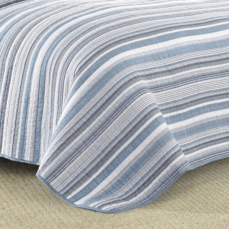 Ensemble de courtepointe réversible en coton rayé bleu Nautica Jettison, Courtepointe de grande taille et 2 taies décorati