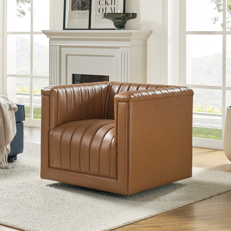 Fauteuil demi-tonneau pivotant en cuir Cephus, Similicuir brun clair