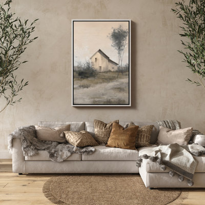 «Rustic Farmhouse Barn Landscape Soft Neutral Countryside Scène», reproduction d'art encadrée