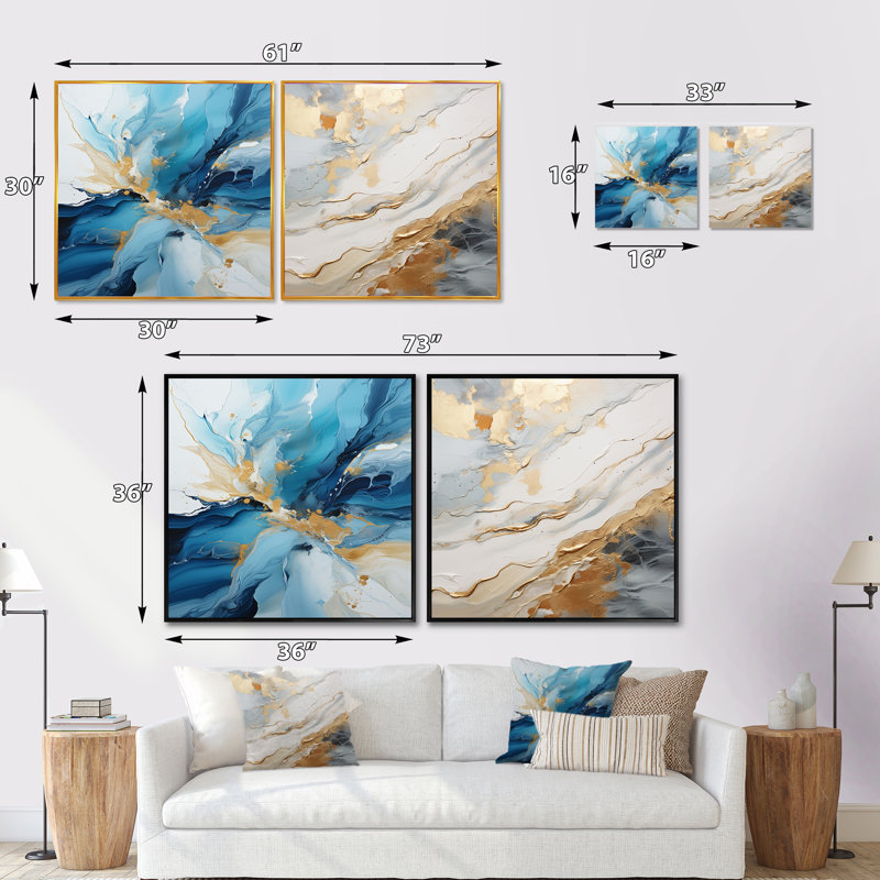 Ensemble de 2 collages carrés bleus et blancs Glacier Charm II, Cadre flottant doré, H 30 po x l 61 po