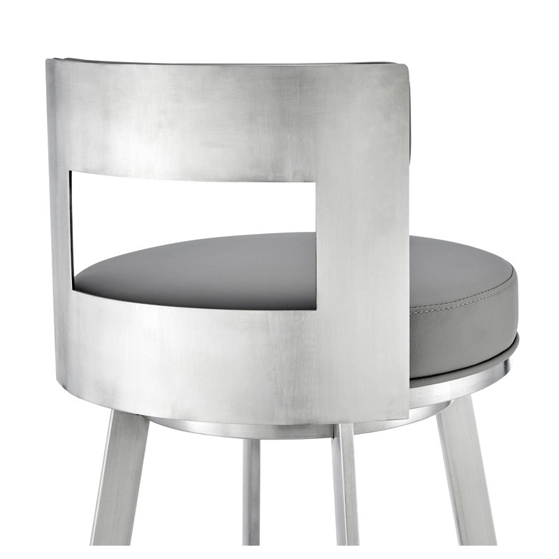 Tabouret de comptoir pivotant de 26 po Nylun avec siège en similicuir gris clair et base en acier inoxydable brossé