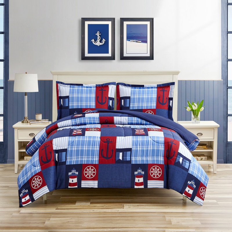 Ocean Inspired Coastal DESIGN STUDIO Nautical Patch Blue Ultra Soft Microfiber Reversible Comforter Set