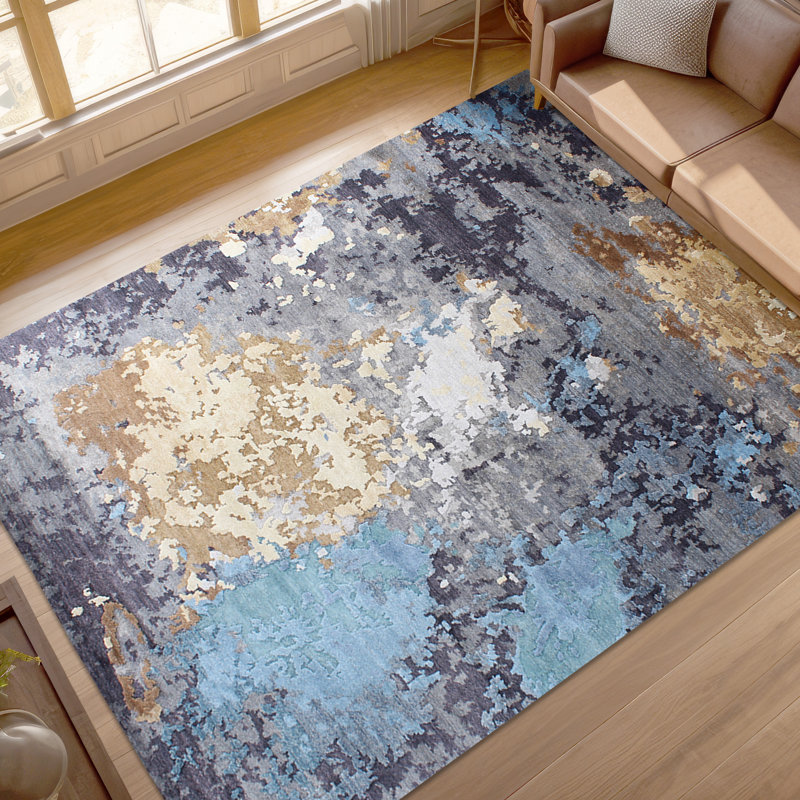 Tapis gris anthracite / bleu / noir noué à la main, Rectangle 6 pi x 9 pi