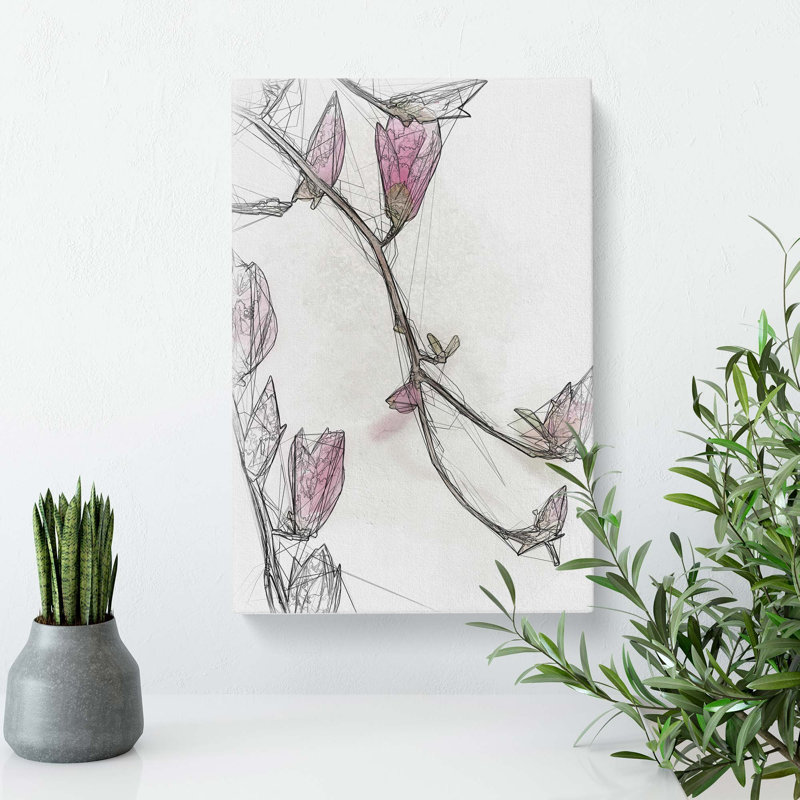 Pink Floral Flowers in Abstract - Wrapped Canvas Drawing - Wrapped Canvas, 50cm H x 35cm W x 3cm D