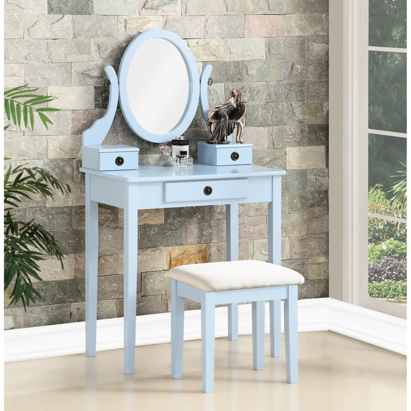 Blue Wood Vanity Table And Wonderful Stool With 3 Storage Drawers Adjustable Mirror - Compartments, Oval Mirror,, Blue