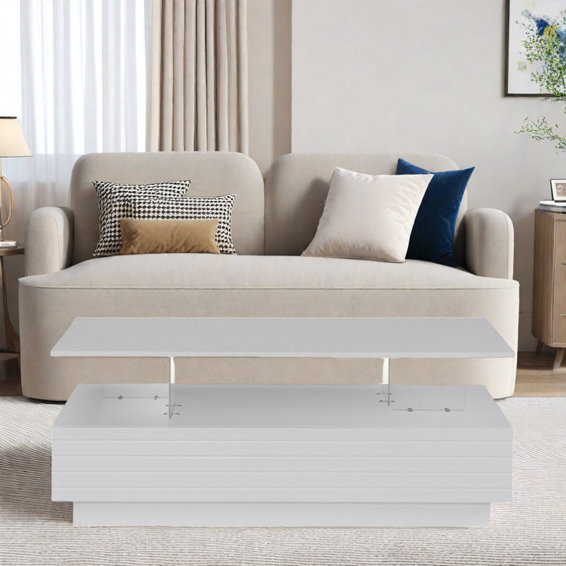 Modern Rectangular Coffee Table With Led Lights, 2 Drawers And Open Storage Shelf, White