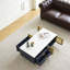 Table basse moderne bleu marine avec 2 portes de rangement en verre, 4 tiroirs, pieds en métal doré