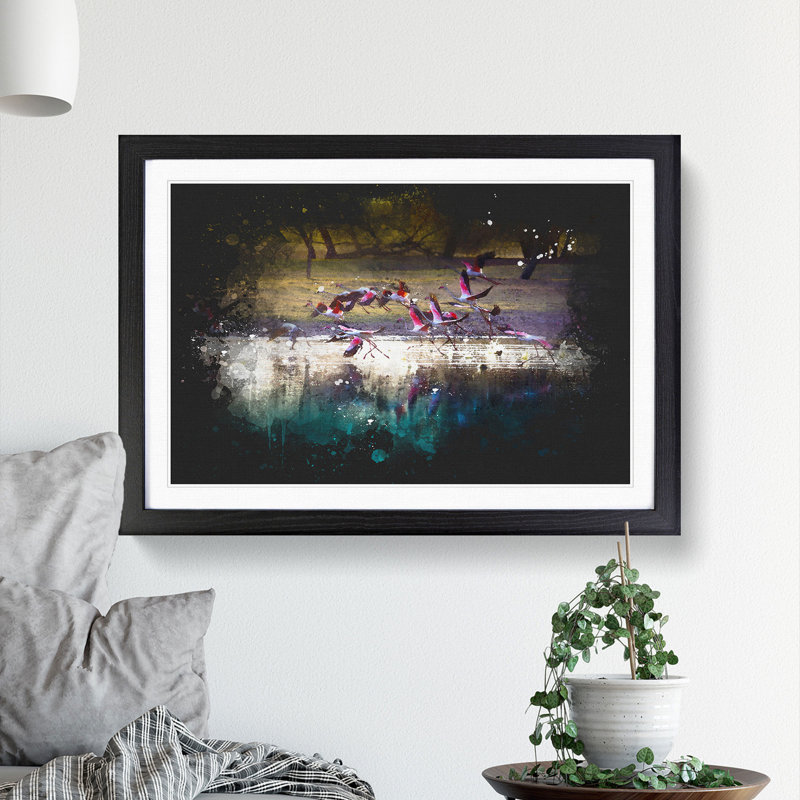 Flamingos Taking Flight - Picture Frame Graphic Art Print, 62cm H x 87cm W x 2cm D, Black Framed