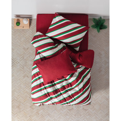 Ensemble de housse de couette 100% coton Ranforce à thème de Noël, housse de couette 55,1 po x 78,7 po et taie d'oreiller 23,6 po x 23,6 po | Impression réactive, lavable à la machine, fermeture à boutons | Vert festif, design rouge et blanc, confortable et élégant
