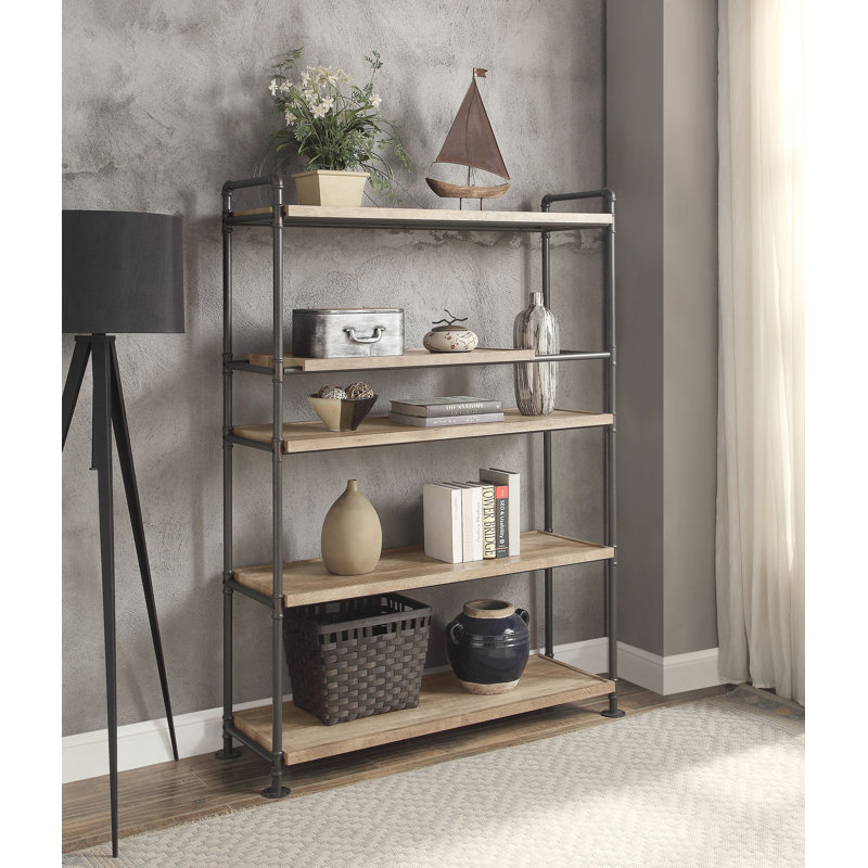 Hankey Etagere Bookcase in Oak and Sandy Black, (5 Shelves) 65" H x 48" W x 16" D