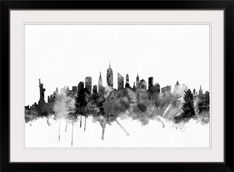 «Francy New York City Skyline» par Michael Tompsett - impression d'art graphique, H 32 po x l 44 po x P 1 po, Cadre noir