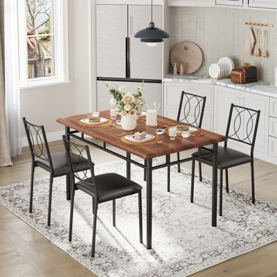 Space-Saving Farmhouse Dining Table Set for 4,Sturdy Wood Table & 4-Upholstered Chairs,for Apartments & Small Kitchens – Elegant Walnut