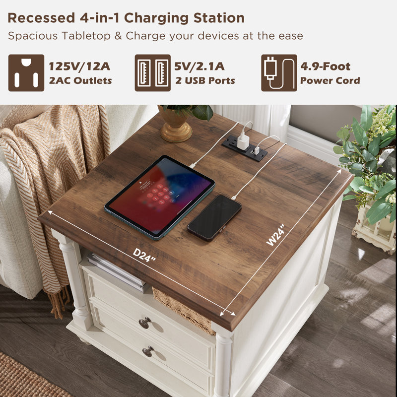 Rushville Farmhouse 2 - Drawers Nightstand with Charging Station, Tall Rustic Wood Square End Table with Open Shelf