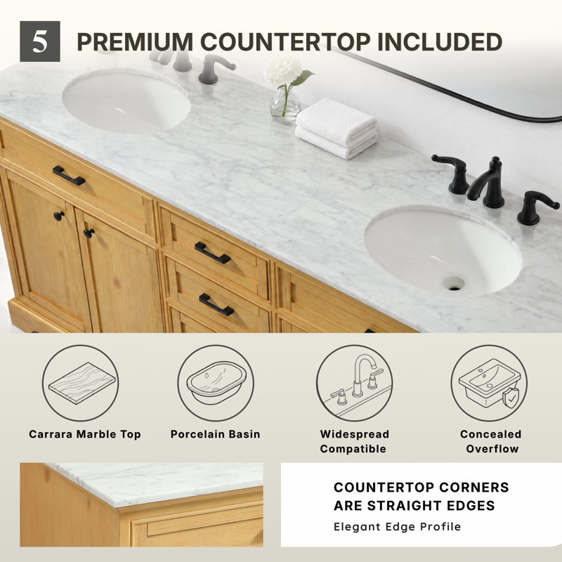 Ensemble de meuble-lavabo double 72 po Hermes, Blanc de Carrare, Naturel