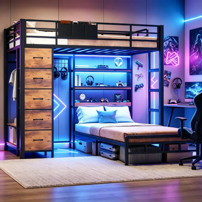 Lit superposé simple au-dessus de simple avec tablettes DEL à 3 niveaux et rangement pour arbre d'entrée