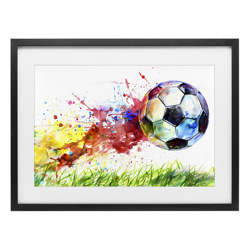 Aquarelle, ballon de soccer en mouvement, reproduction encadrée sous verre, design by Creative Studio, 14 x 20