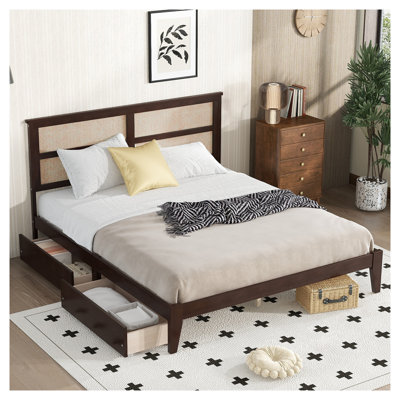 King Size Bed with Rattan Headboard & Storage Drawers, Espresso Rubber Wood Platform Bed Frame with Underbed Organization