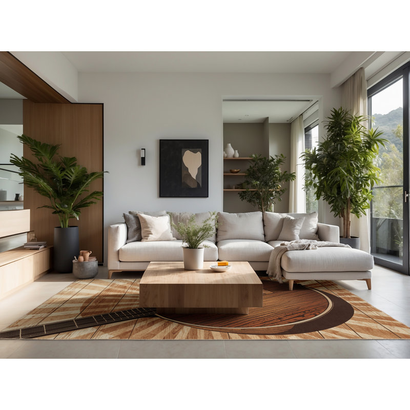 Tapis moelleux moelleux en bois de style rustique Banjo brun et beige, 8 x 12