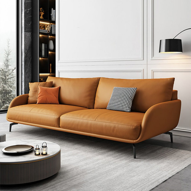 Causeuse coussin orange en cuir véritable, H 33,46 po x l 62,99 po x P 36,61 po