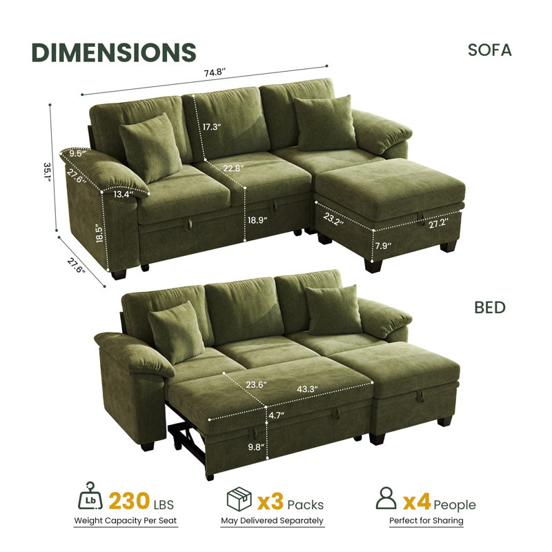 Canapé-lit modulaire convertible 86 po avec rangement dissimulé et accoudoirs rembourrés ergonomiques, Green Chenille