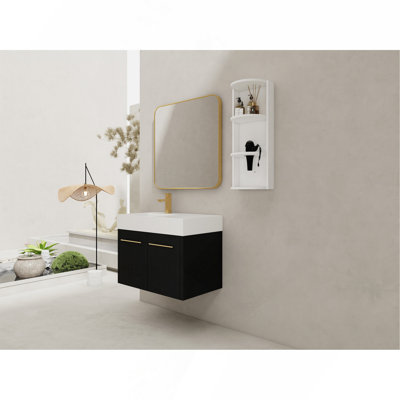 Meuble-lavabo mural 30 po avec lavabo et support de rangement, cuve gauche en résine à bords épais