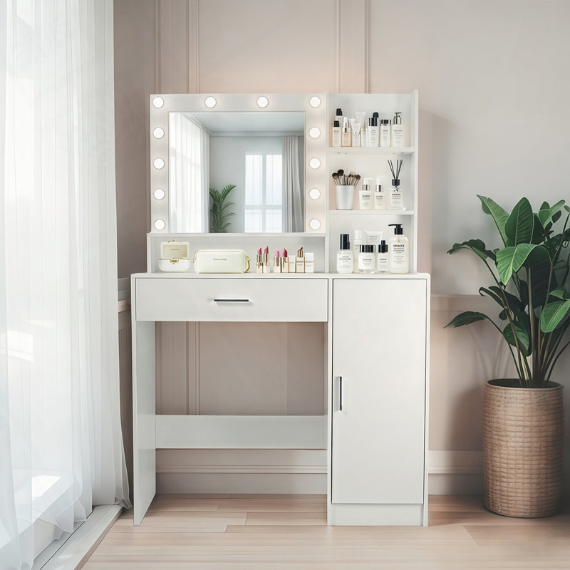 Vanity Desk With Mirror And Lights, Makeup Vanity With Drawer & Storage Cabinet, 3 Lighting Modes Adjustable Brightness, Makeup Desk With Open Shelves For Bedroom, Dressing Room, White