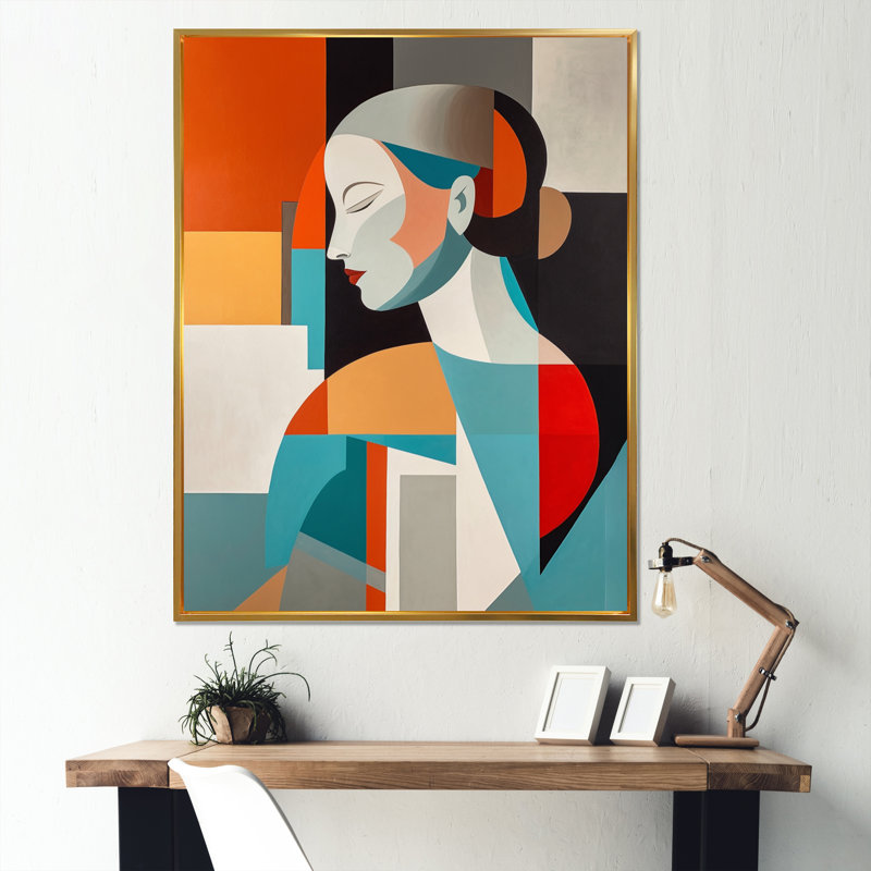 Portrait de femme Mid Century encadré sur toile, L 34 po x H 44 po, Cadre flottant doré