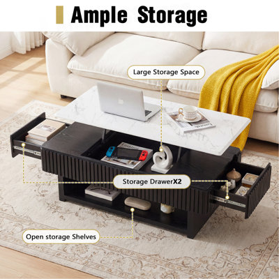 Table basse à plateau relevable rectangulaire de 46,5 po avec tiroir et rangement caché, table cannelée moderne avec plateau en marbre blanc et bandes en bois massif, table centrale multifonctionnelle pour les petits espaces, salon