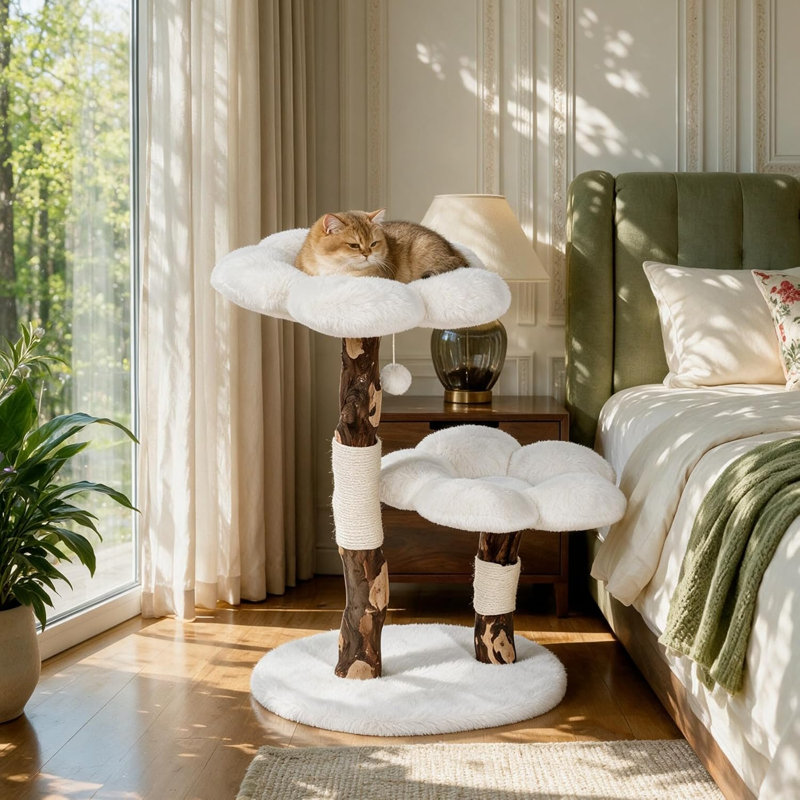 33" H Flower Cat Tree, Solid Wood Cat Tower with Scratching Post