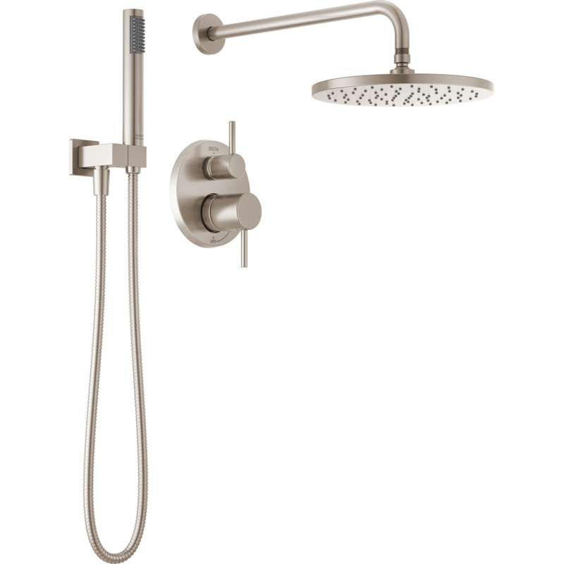 Modern Round Rain Shower System Faucet Set, Rainfall Shower Head and Handle Set Spotshield Brushed Nickel