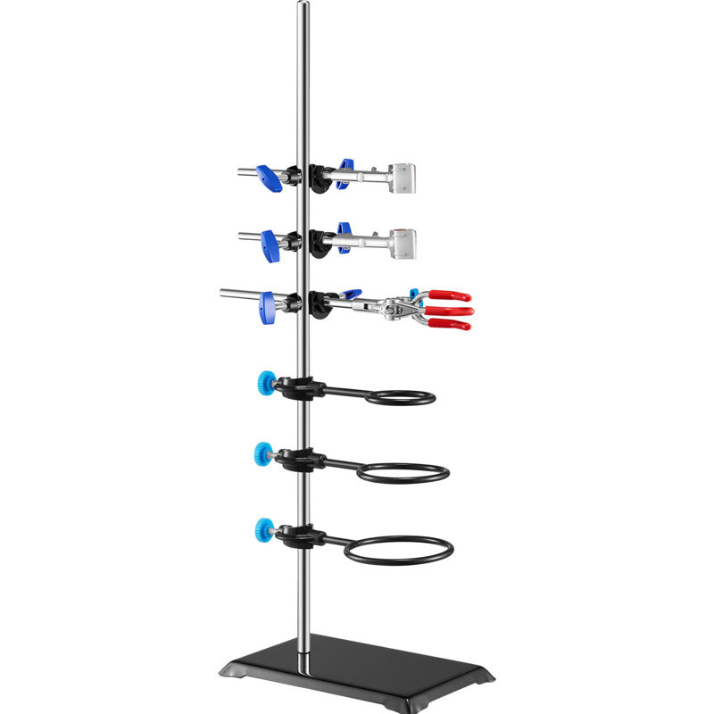 Support de laboratoire, support de laboratoire, support de laboratoire en acier, tige de 23,6 po et base en fonte de 8,3 po x 5,3 po, comprend des pinces à ballon, une pince à burette et des pinces croisées