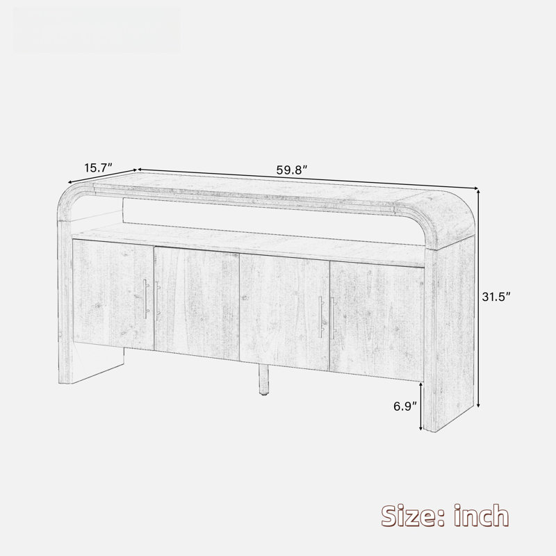 4-door Elegant Console Table With Natural Embossed Texture, Curved Edge And Metal Handles, Navy
