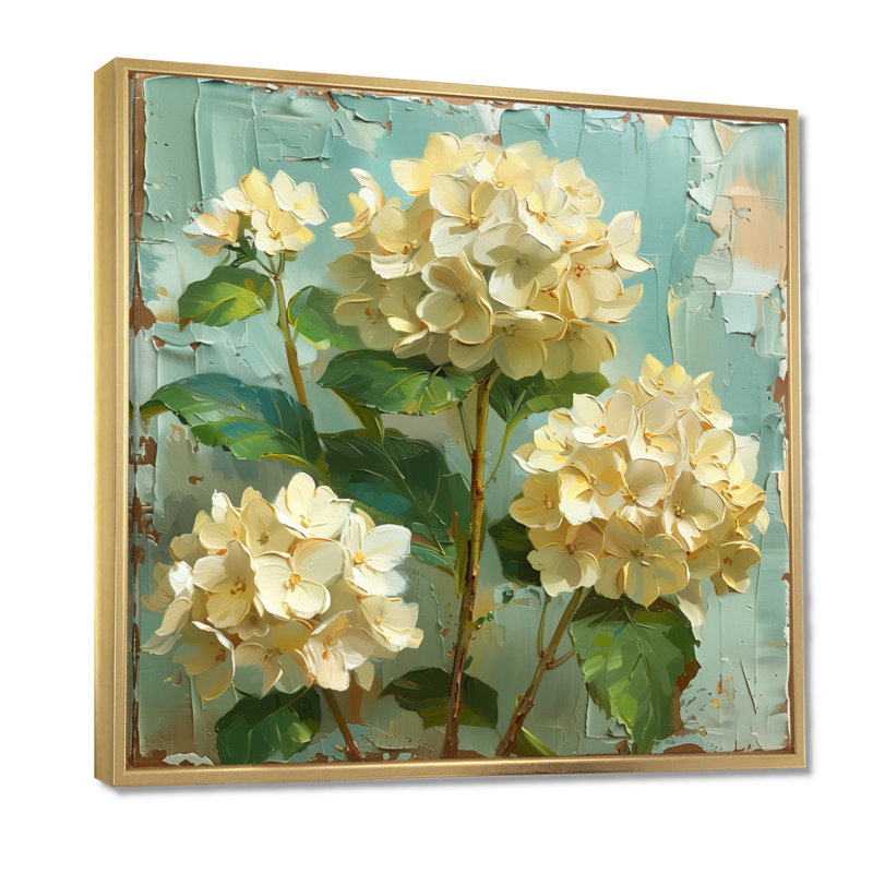 Décoration florale rétro hortensia beige rétro II - Hortensia, Cadre flottant doré, H 16 po x l 16 po