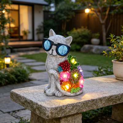 Statue de jardin solaire à chat avec lumières grasses, allumage et extinction automatiques, décoration extérieure imperméable Ip55